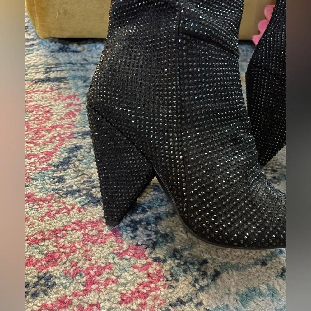 Black Rhinestone Over The Knee Thigh High Pull On Boots Triangle Heel 10